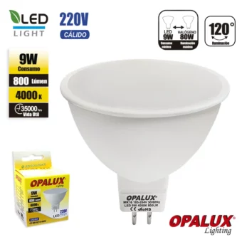 FOCO DICROICO LED 9W 4000K LUZ CALIDA "OPALUX" 800LM MR16 120° 185-264VAC Ø5CM 5.4CM ALTO.CJX100