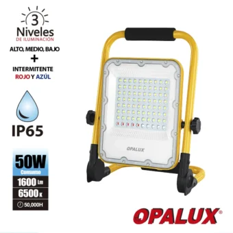 REFLECTOR LED 50W OPALUX 80 LEDS 1600LM 6500K PORTATIL CON BATERIA RECARGABLE