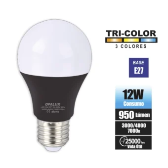 FOCO LED 12W A60 BASE COLOR NEGRO "OPALUX" 3CCT 7000K-4000K-3000K E27 230°