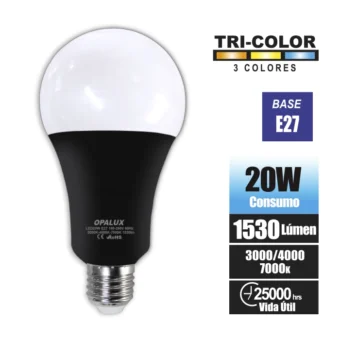 FOCO LED 20W A60 BASE COLOR NEGRO "OPALUX" 3CCT 7000K-4000K-3000K E27 230°