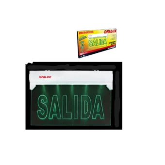 Señal de seguridad LED “Opalux” 68x35cm iluminada mica “SALIDA” Bajo Relieve 90 mins 16 leds cumple INDECI incluye accesorios montaje en techo cuerpo ABS blanco