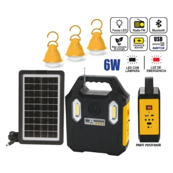 KIT SOLAR PORTATIL “OPALUX” 6W, CON 3 FOCOS 6V, PANEL SOLAR, BT, USB, MP3, FM