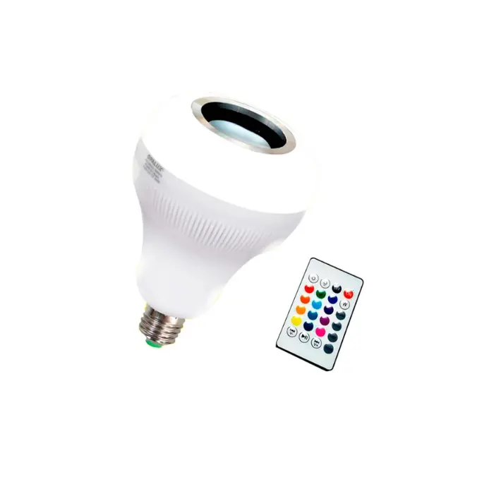 OP-BT09 Foco led disco 9W Blanco mas RGB (Colores diversos) con parlante 3W conexion Bluetooth control remoto rosca E27 "Opalux" - Imagen 1