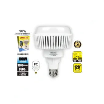 FOCO BOTELLA E40 100W OPALUX 224 LEDS 9000LM 6500K 25000HRS LUZ BLANCA 110V-240V ALUMINIO Y PVC